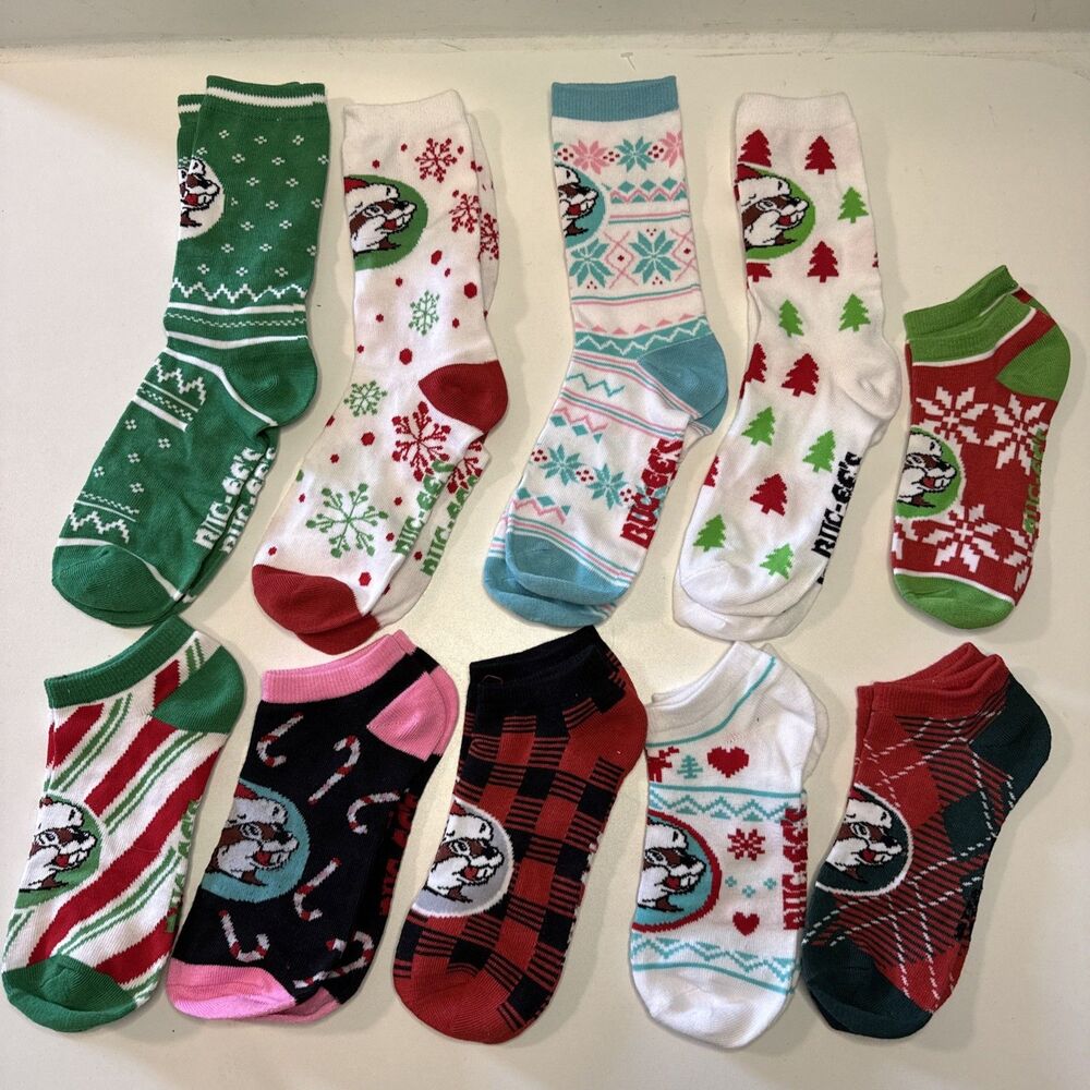 Lot of 10 Buc-ees Christmas Socks Unisex One Size-Fits Small Adult Feet